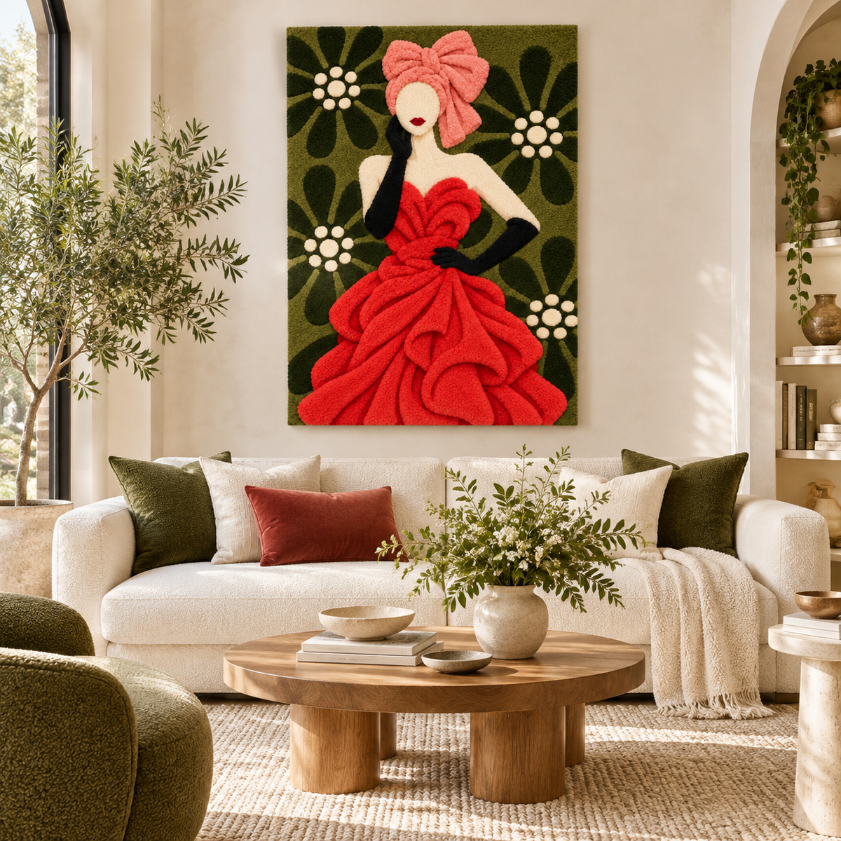 Hewn Earth wall art titled Scarlet Gown in the Garden featuring a vibrant red gown displayed in a garden setting.