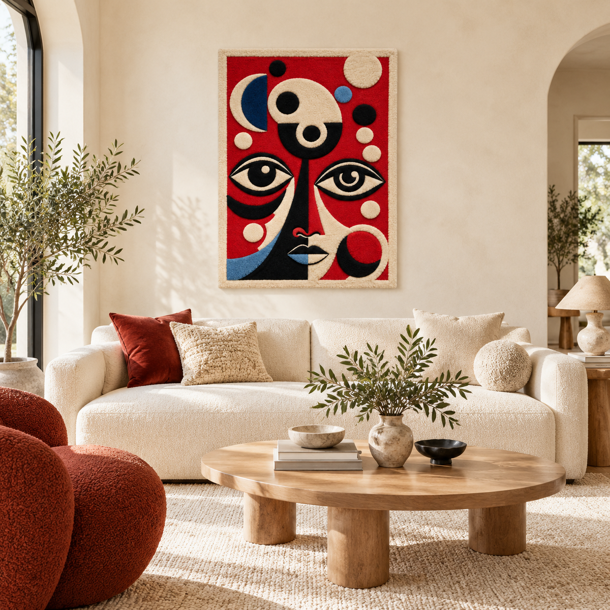 Hewn Earth Scarlet Moon Face wall art featuring a vivid red moon with facial features, ideal for modern home decor.