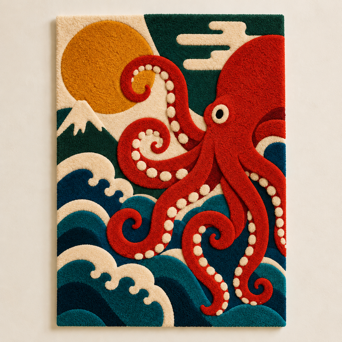 Hewn Earth wall art featuring a vivid scarlet octopus underwater at sunrise with warm, glowing colors and intricate details.