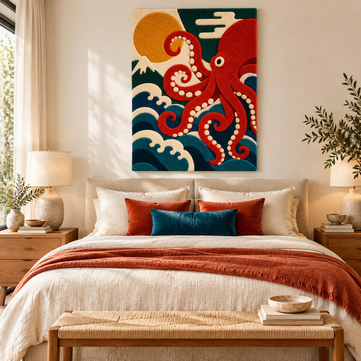 Scarlet octopus wall art by Hewn Earth displayed in a room, featuring vibrant colors and an ocean-inspired scene at sunrise.