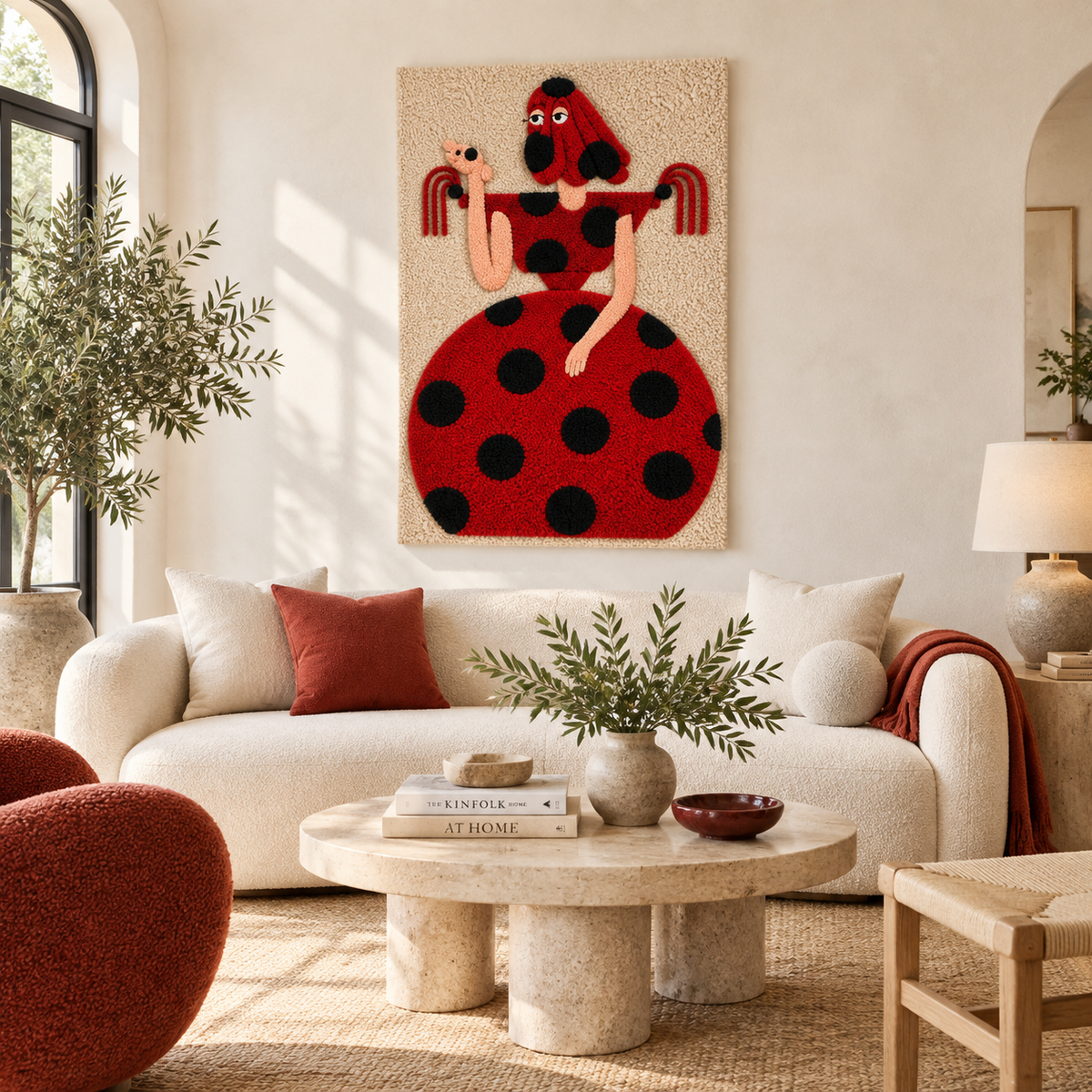 Hewn Earth Scarlet Polka Dot Companion wall art featuring a vibrant red polka dot design on a neutral background.