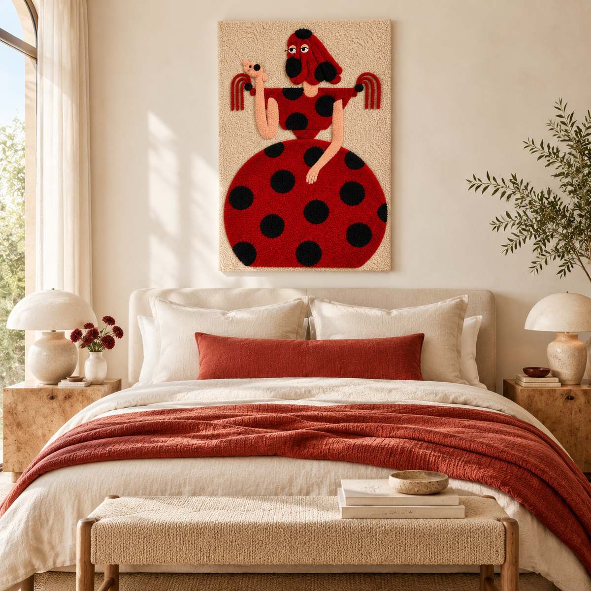 Scarlet Polka Dot Companion wall art by Hewn Earth displayed in a modern room scene with colorful decor.