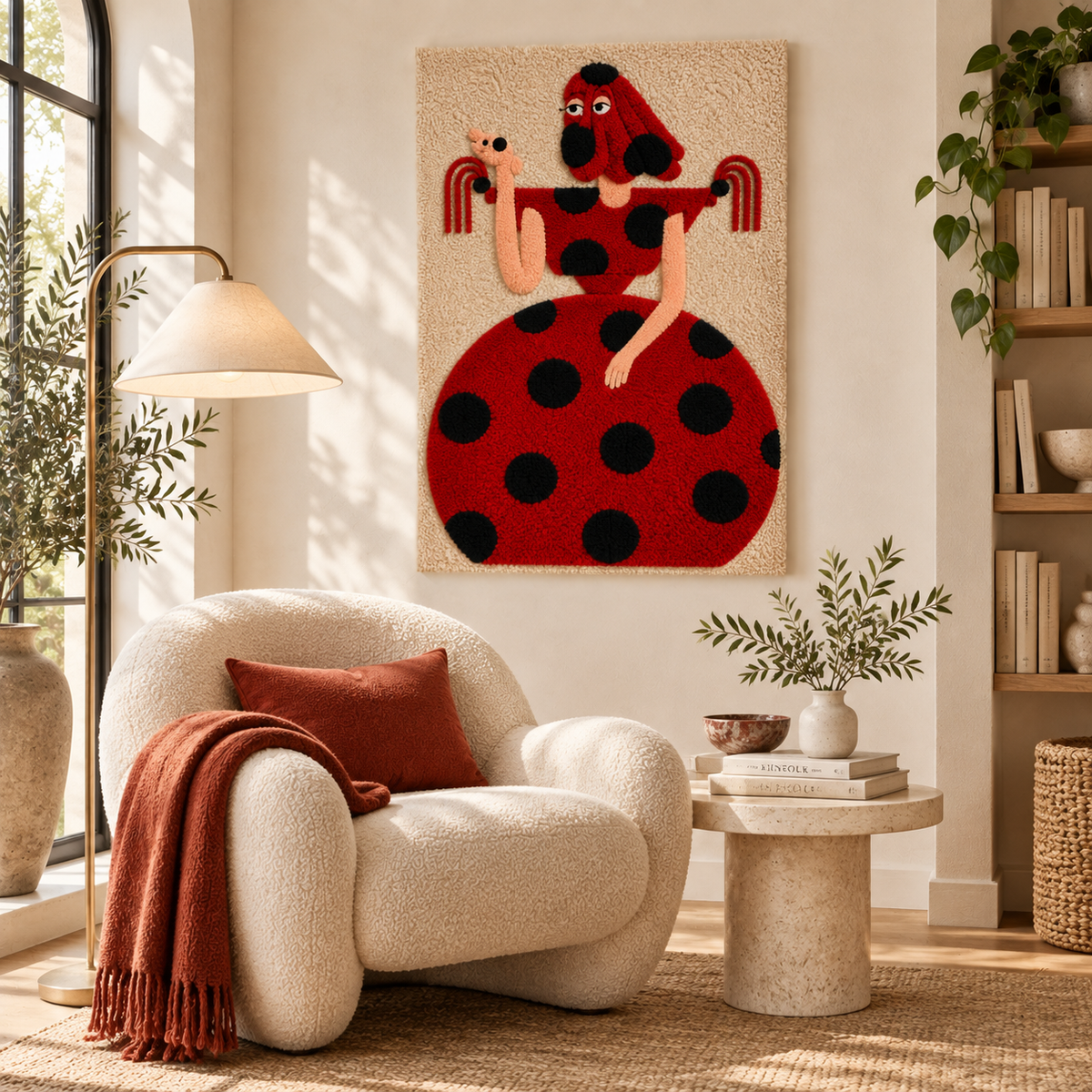 Hewn Earth Scarlet Polka Dot Companion wall art hanging in a room, featuring vibrant red polka dots on a neutral background.