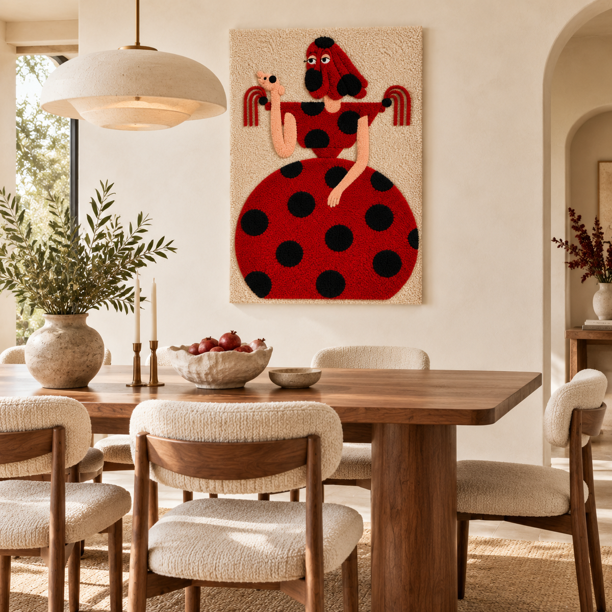 Hewn Earth Scarlet Polka Dot Companion wall art hanging on a wall in a room scene with vibrant red and white polka dot design.