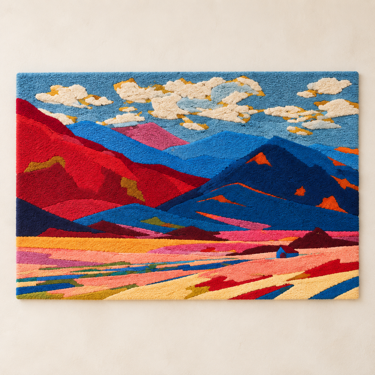 Hewn Earth Scarlet Ridge and Blue Sky wall art featuring vibrant red and blue mountain landscape scene.