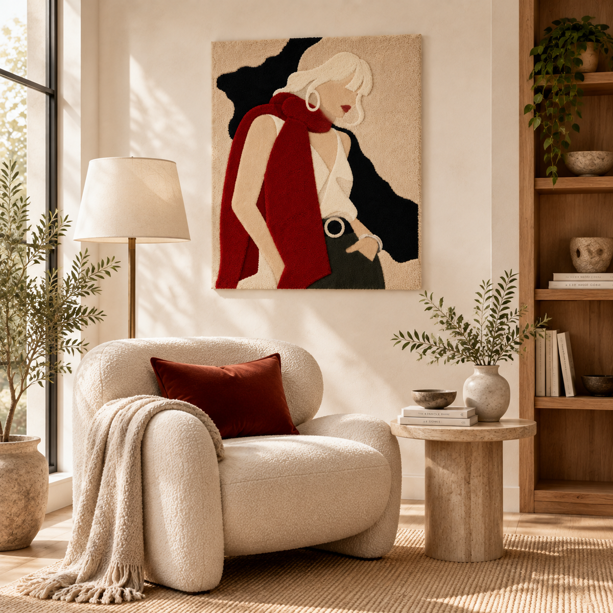 Scarlet Scarf Quiet Pose — room setting