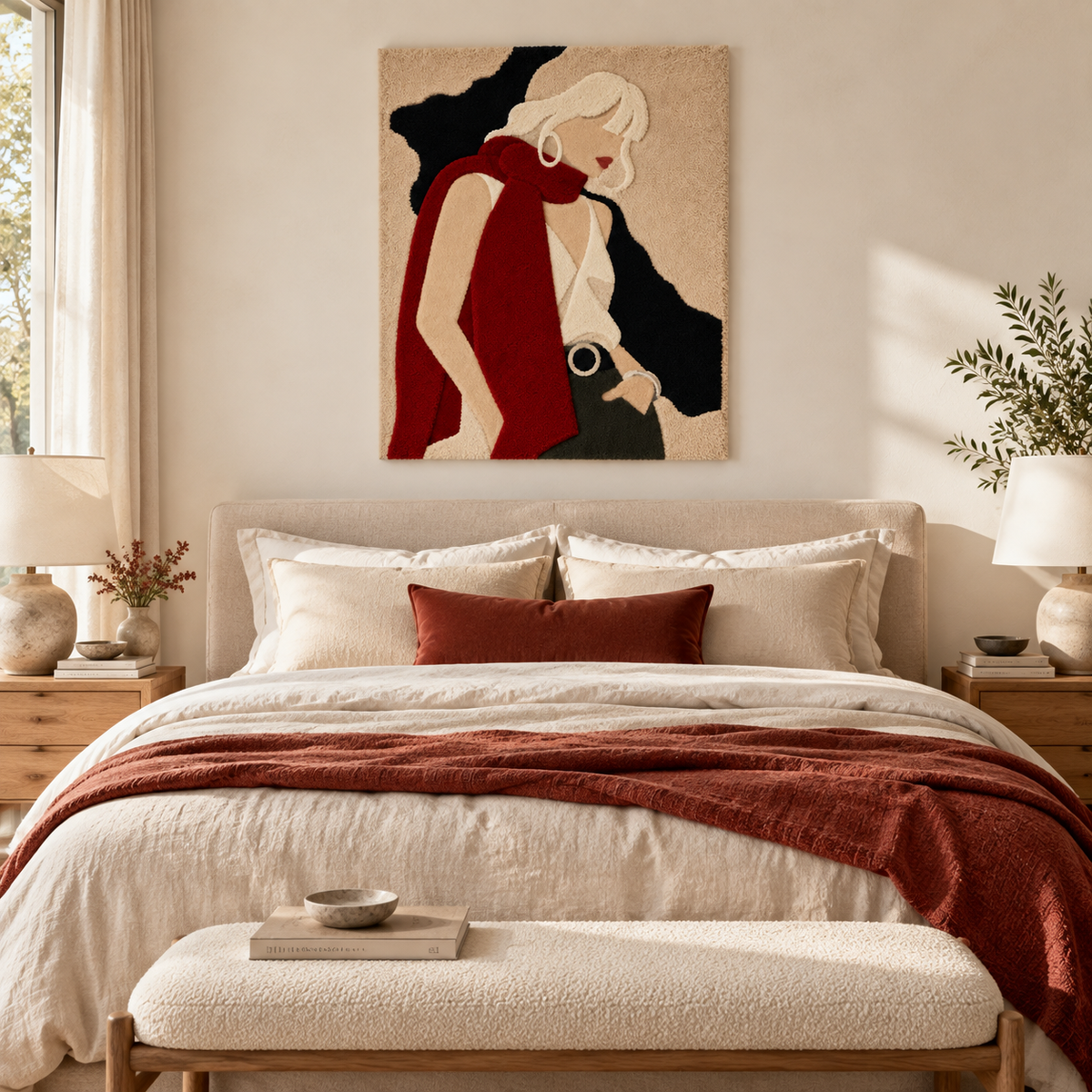 Scarlet Scarf Quiet Pose — room setting