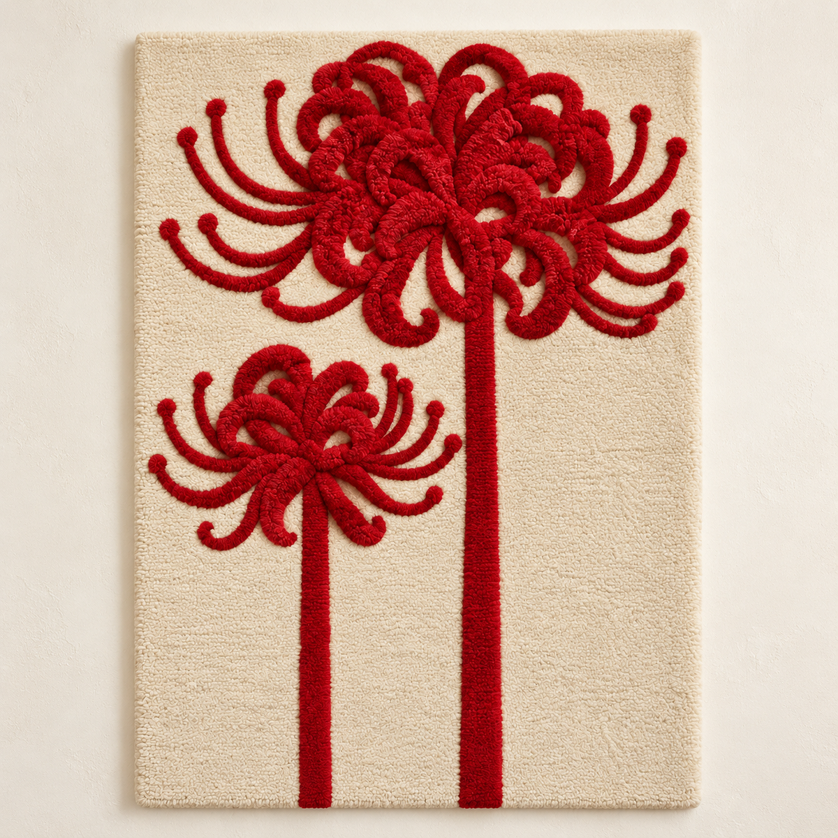 Hewn Earth wall art featuring a Scarlet Spider Lily Duet with vibrant red and green floral design on a white background.