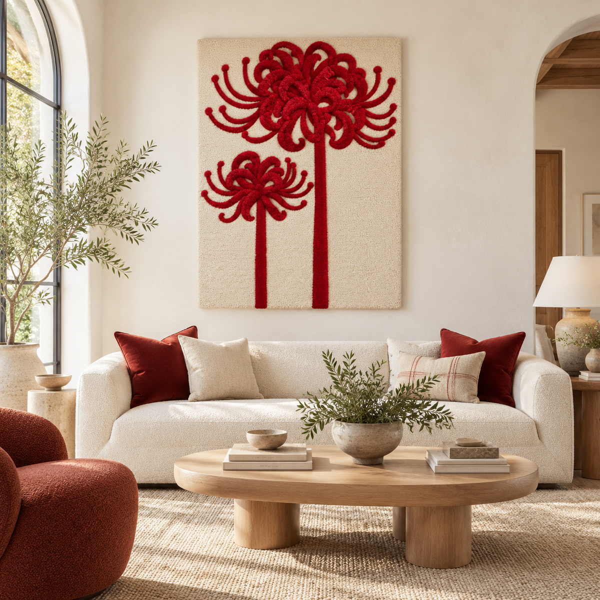 Wall art featuring Scarlet Spider Lily Duet by Hewn Earth, showcasing vivid red flowers on a decorative background