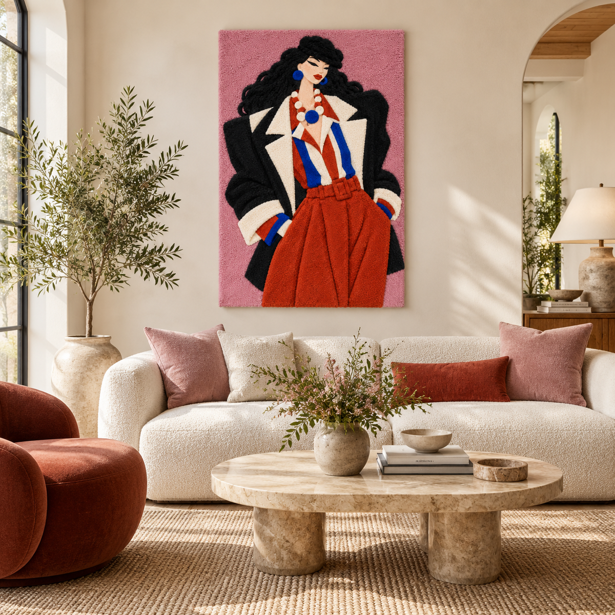 Hewn Earth wall art featuring scarlet trousers and cobalt accents, displayed on a room wall with modern decor.