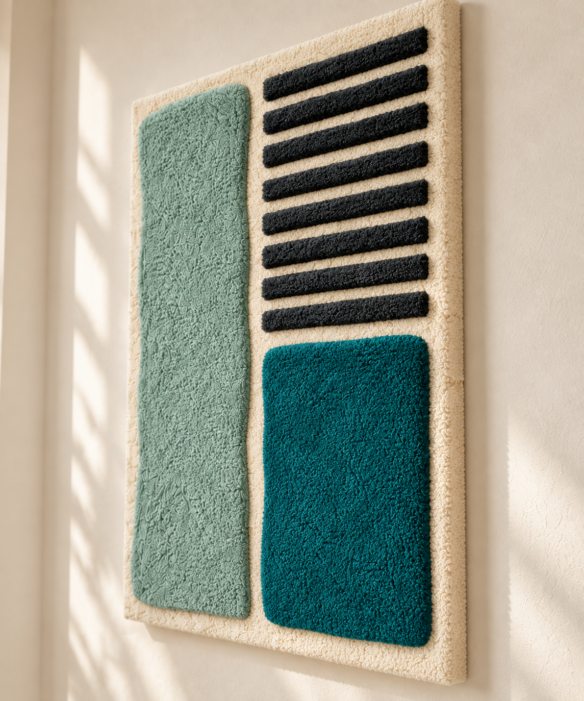 Sea glass wall art by Hewn Earth featuring blocks with ebony lines, showcasing textured glass and artistic design from an angled view.