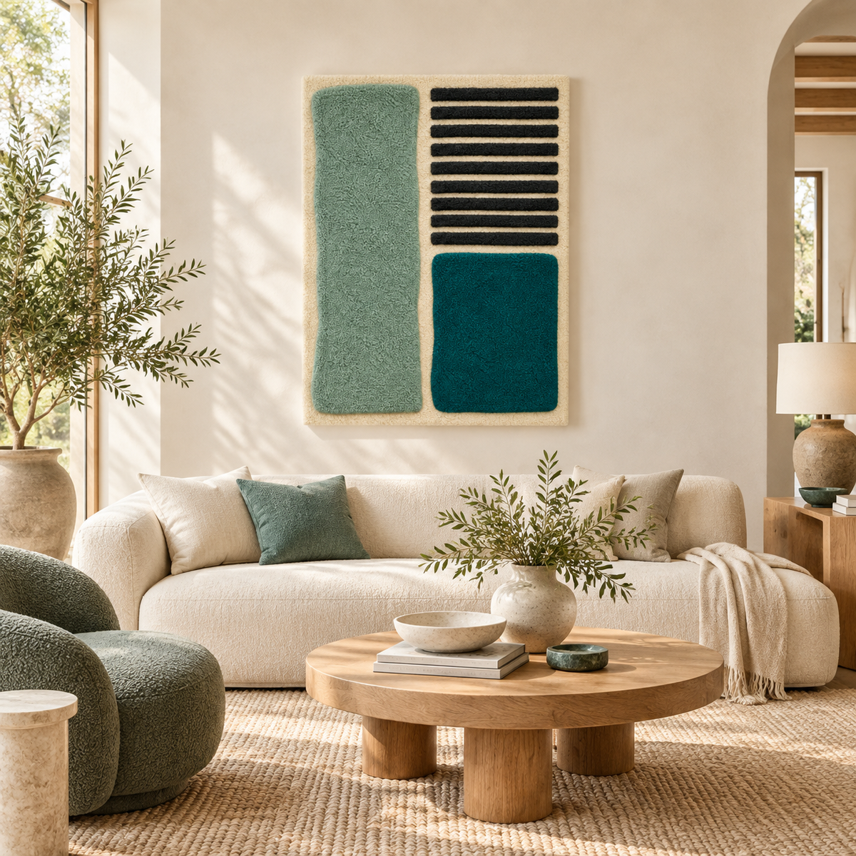 Hewn Earth sea glass wall art with ebony lines, showcasing translucent glass blocks arranged decoratively on a room wall.