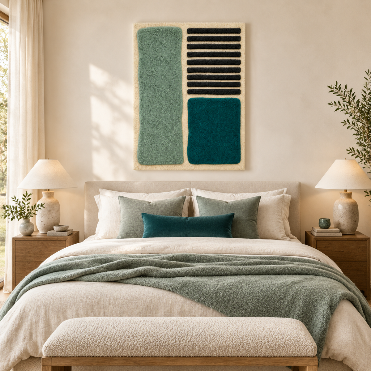 Sea glass blocks wall art by Hewn Earth featuring transparent glass with ebony lines, displayed on a room wall.