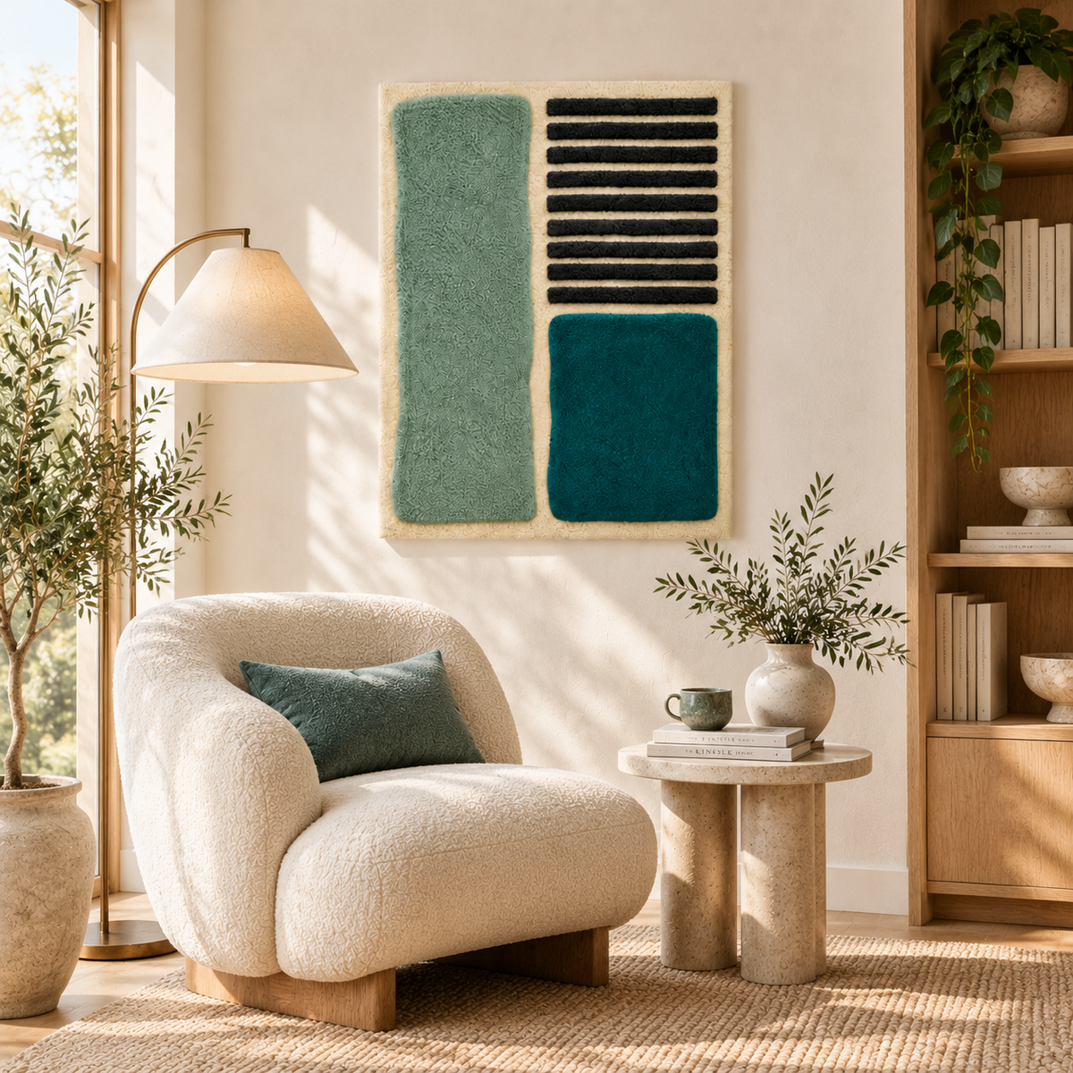 Sea glass blocks with ebony lines wall art by Hewn Earth, showcasing textured glass panels with contrasting black lines.