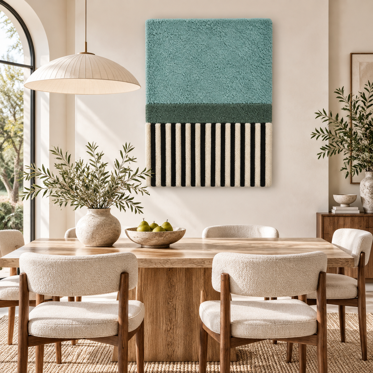 Hewn Earth Seafoam Canopy Stripe Panel wall art featuring soft seafoam stripes, displayed on a room wall.