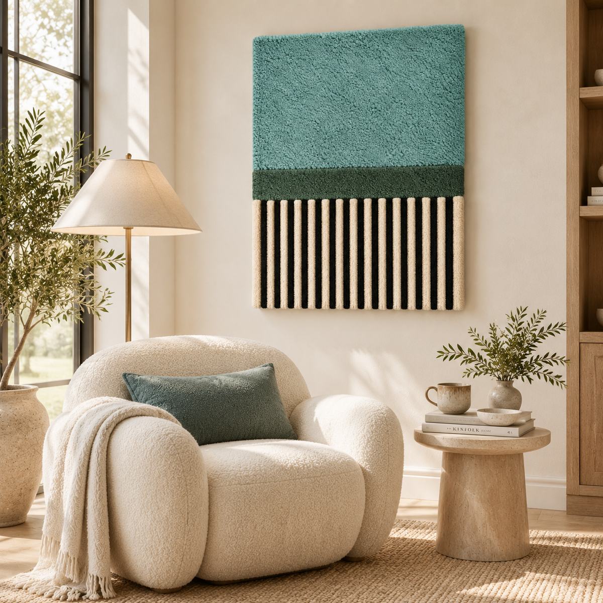 Hewn Earth Seafoam Canopy Stripe Panel wall art featuring soft green and white stripes, ideal for modern interior decor.