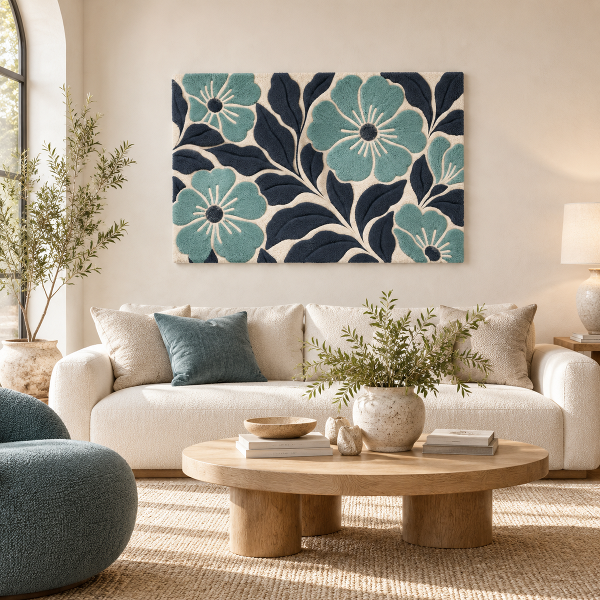 Hewn Earth Seafoam Flowers on Midnight wall art, featuring vibrant seafoam floral designs against a dark background in a room scene.