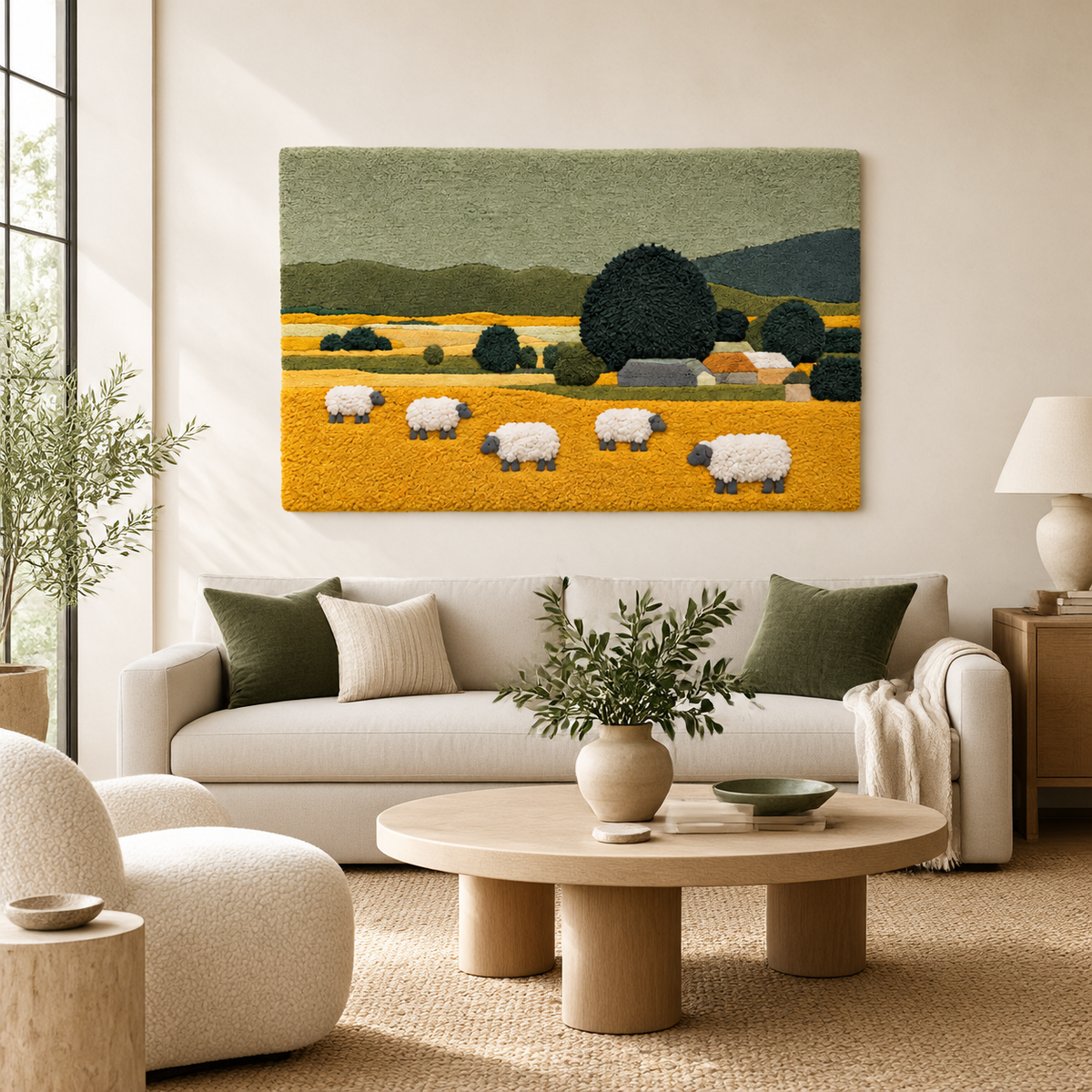 Sheep in the Golden Meadow — front-facing room scene