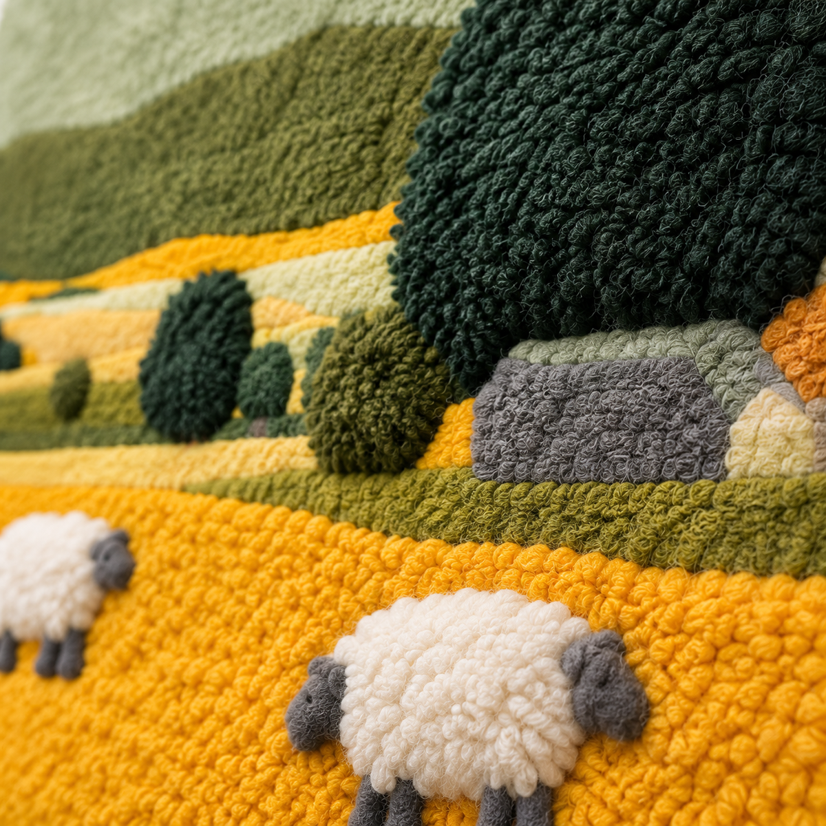 Sheep in the Golden Meadow — tufted wool texture detail