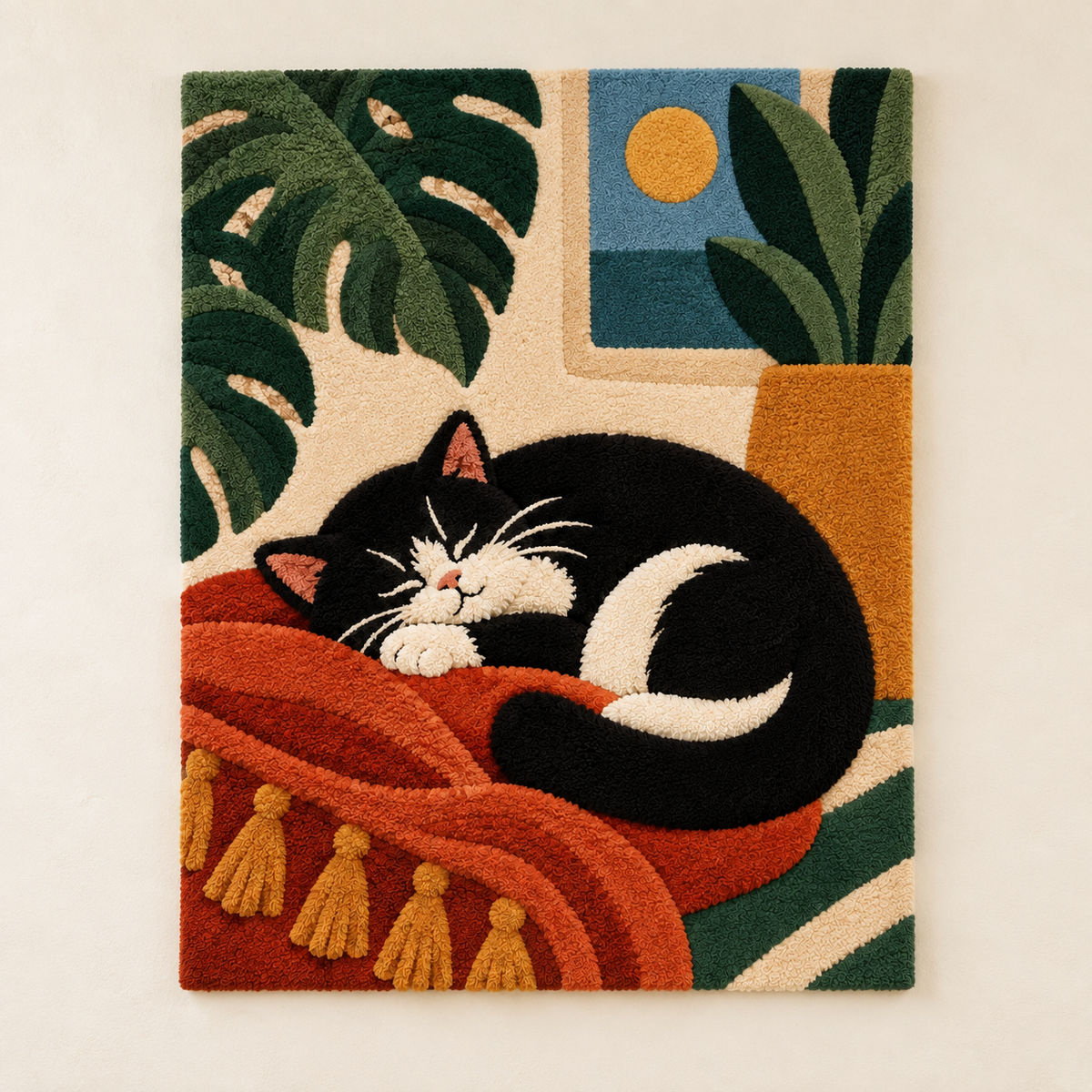 Hewn Earth wall art featuring a tasseled cushion with a serene siesta scene, vibrant colors and intricate design.
