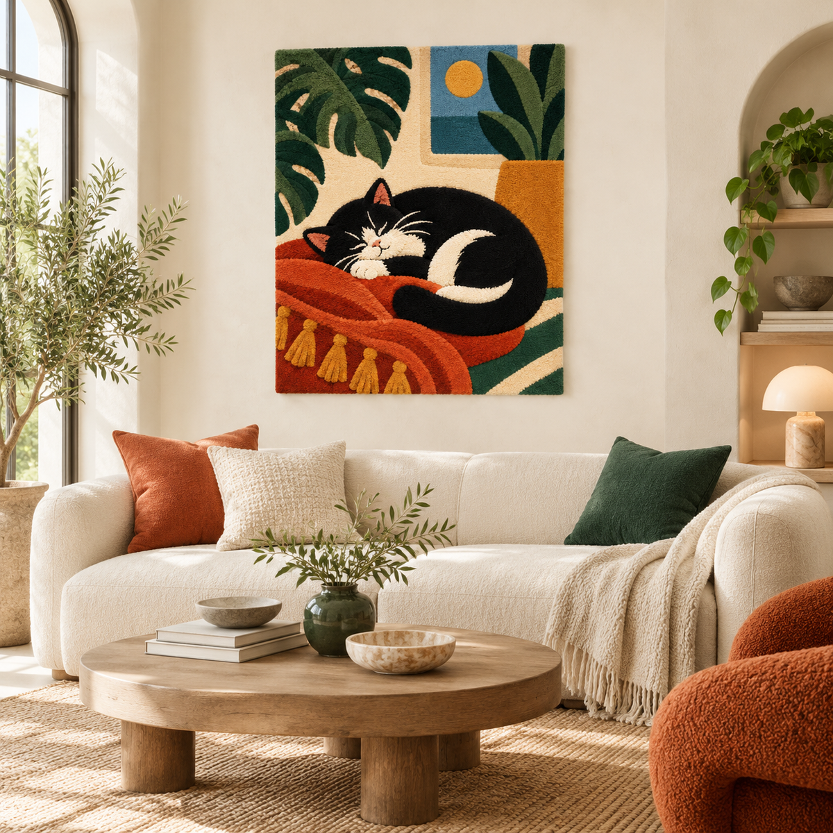 Hewn Earth wall art featuring a serene siesta scene on a tasseled cushion, displayed in a cozy room setting.