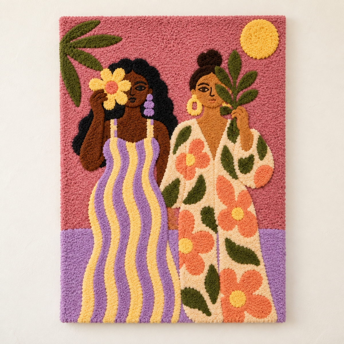 Hewn Earth wall art featuring sisters in a lush, blushing garden with vibrant floral details and serene natural scenery.