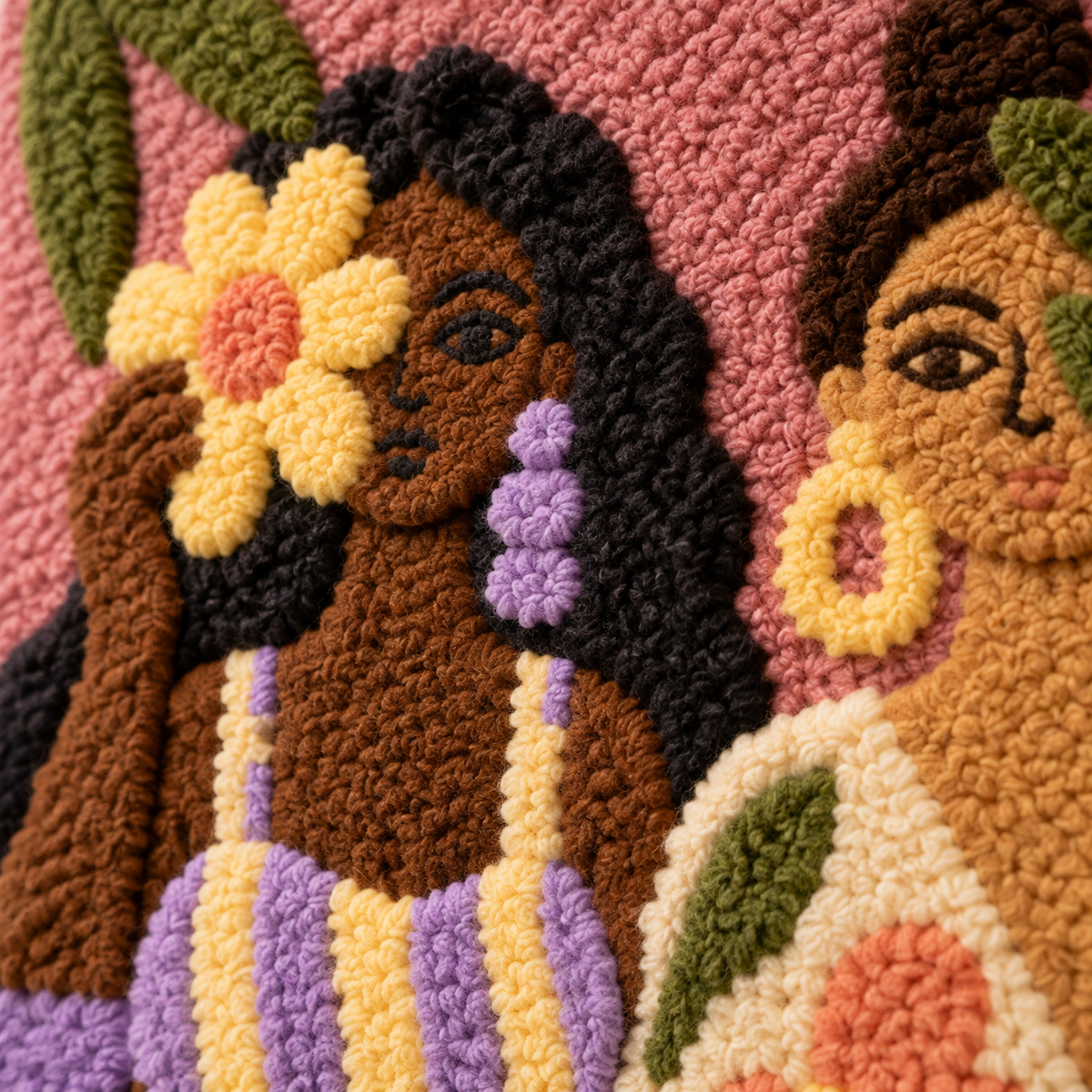 Sisters in a Blushing Garden — tufted wool texture detail