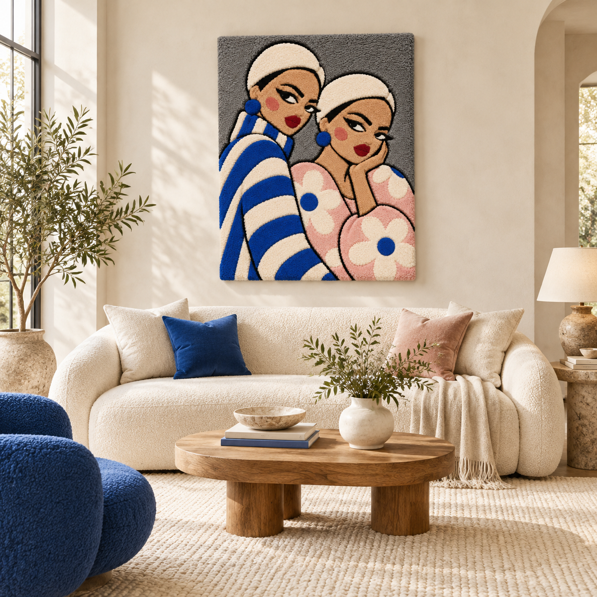 Sisters in Blue and Blossom — front-facing room scene [room-front]