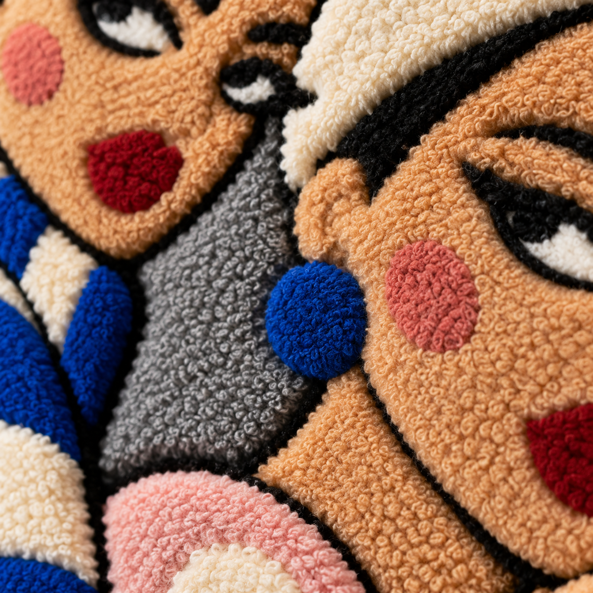 Sisters in Blue and Blossom — tufted wool texture detail