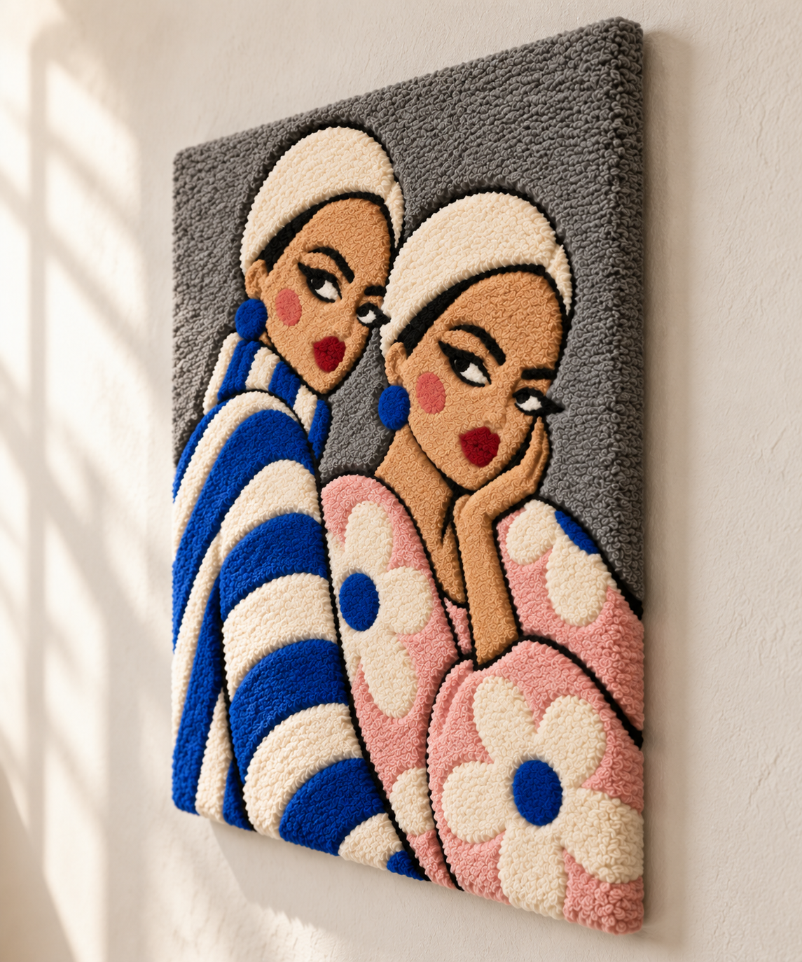 Sisters in Blue and Blossom — angled relief view