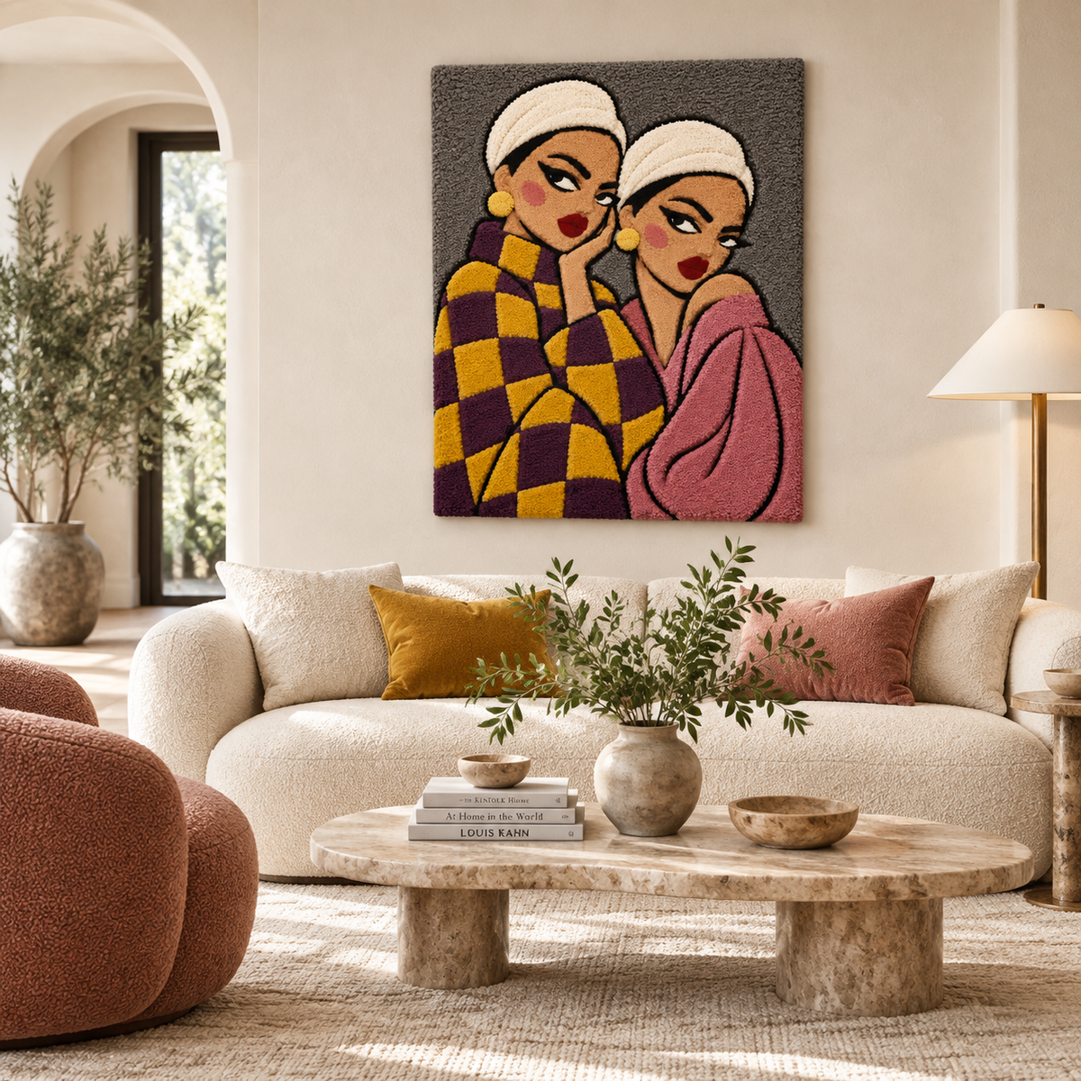 Sisters in Ochre and Rose — front-facing room scene [room-front]