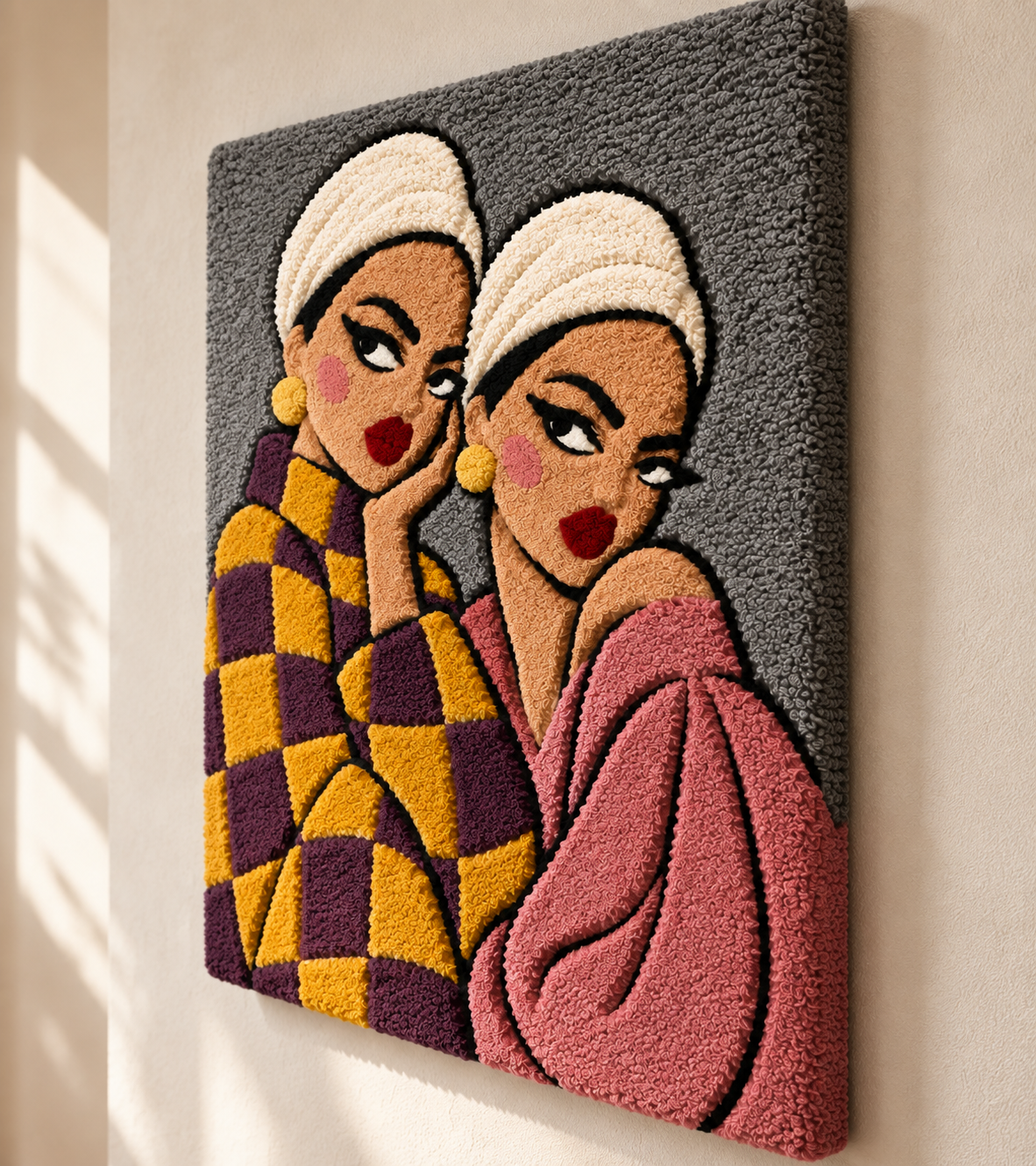 Sisters in Ochre and Rose — angled relief view