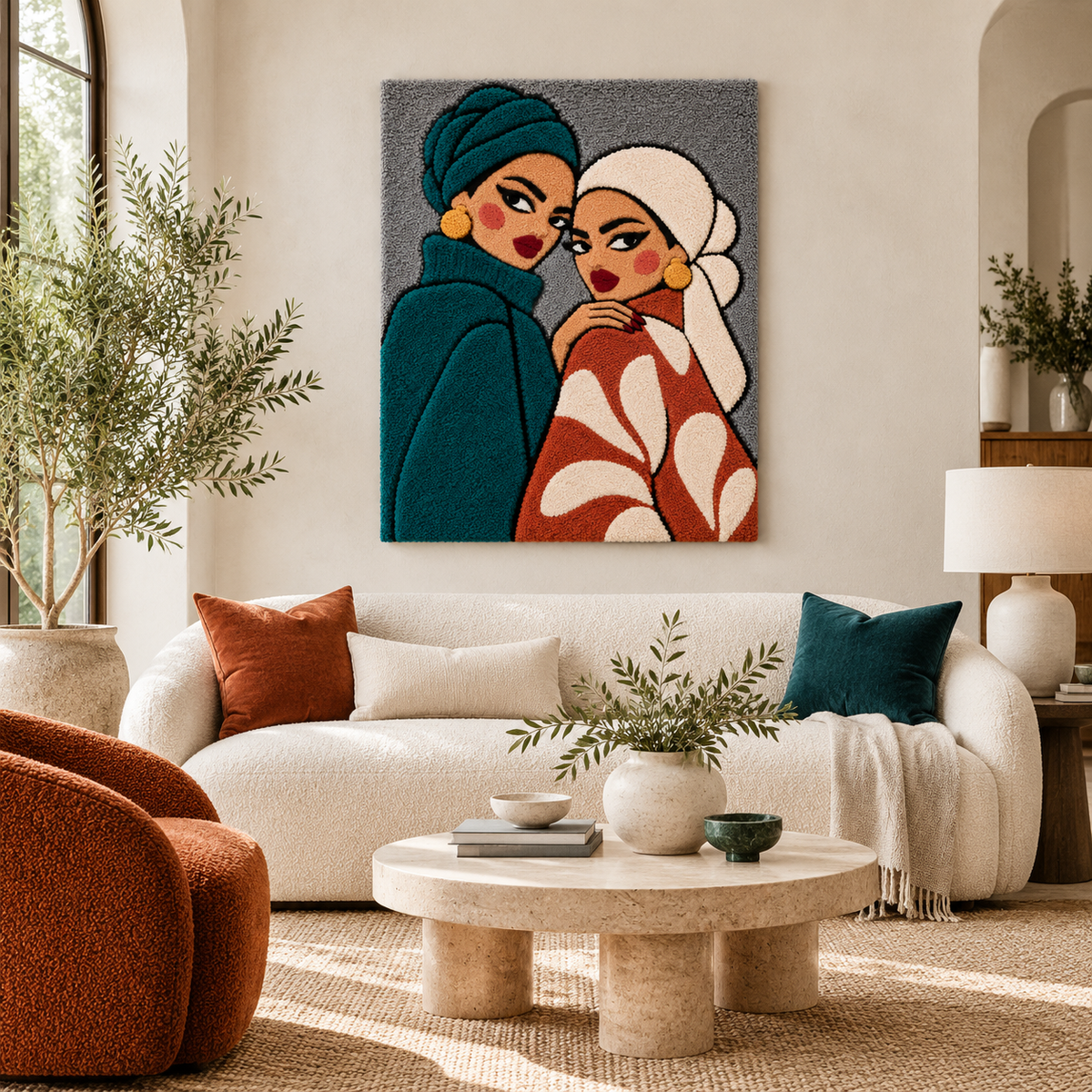 Sisters in Teal and Clay — front-facing room scene [room-front]