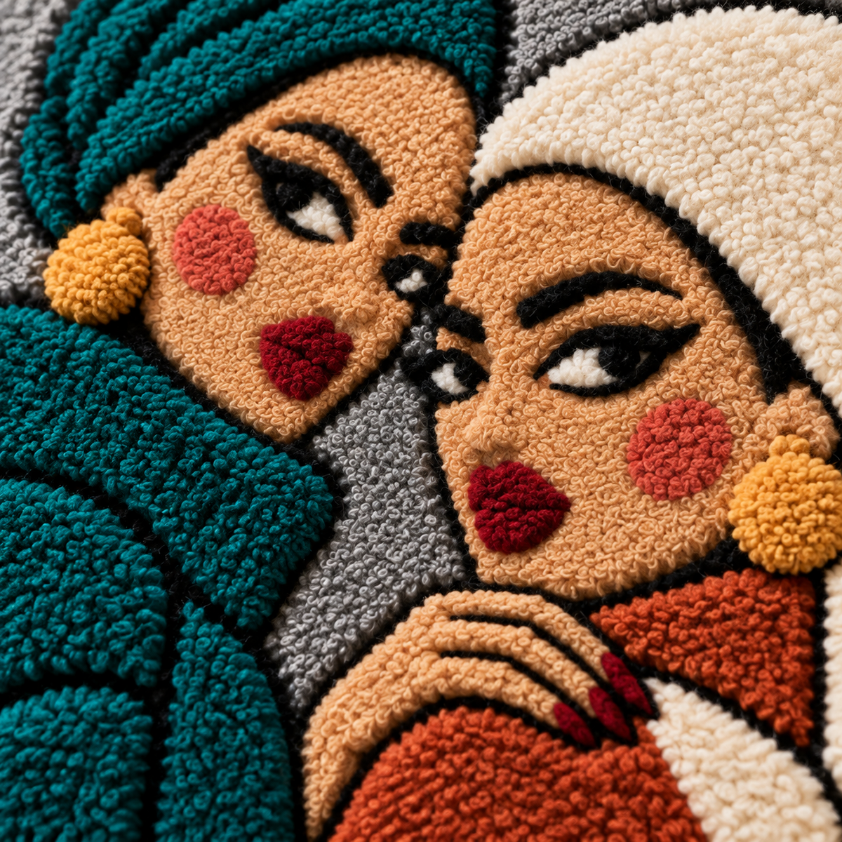Sisters in Teal and Clay — tufted wool texture detail