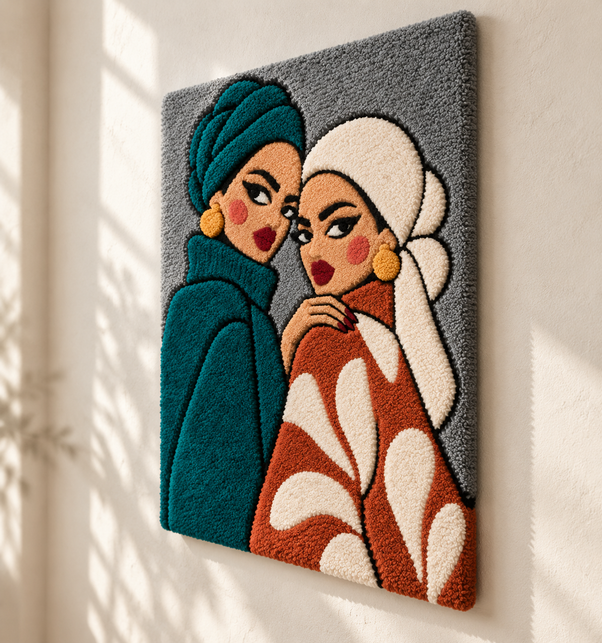Sisters in Teal and Clay — angled relief view