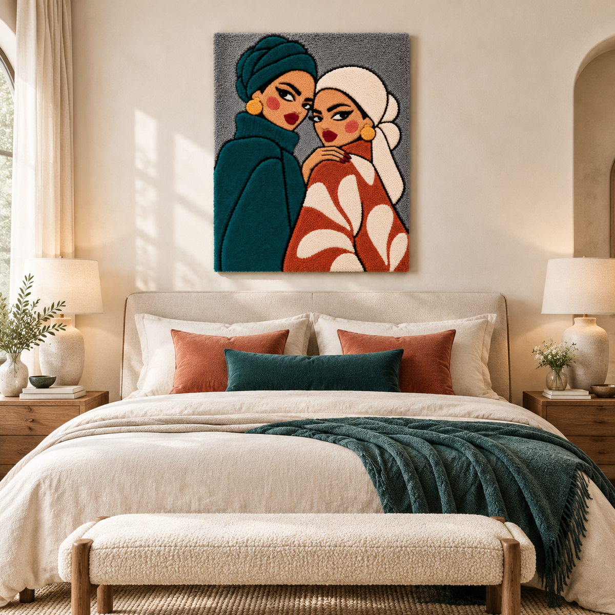 Sisters in Teal and Clay — room setting 1