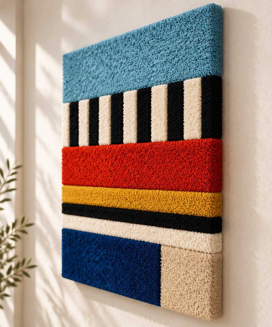 Hewn Earth Sky Stripe and Primary Bands wall art featuring vibrant, geometric abstract design with sky blue and primary color accents.
