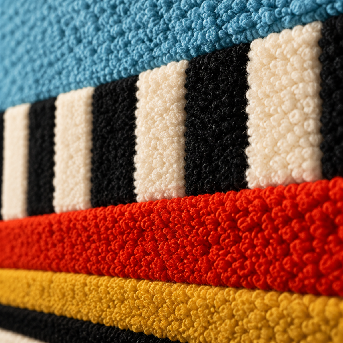 Close-up of Hewn Earth Sky Stripe and Primary Bands wall art showing colorful, textured fabric bands with detailed stitching.