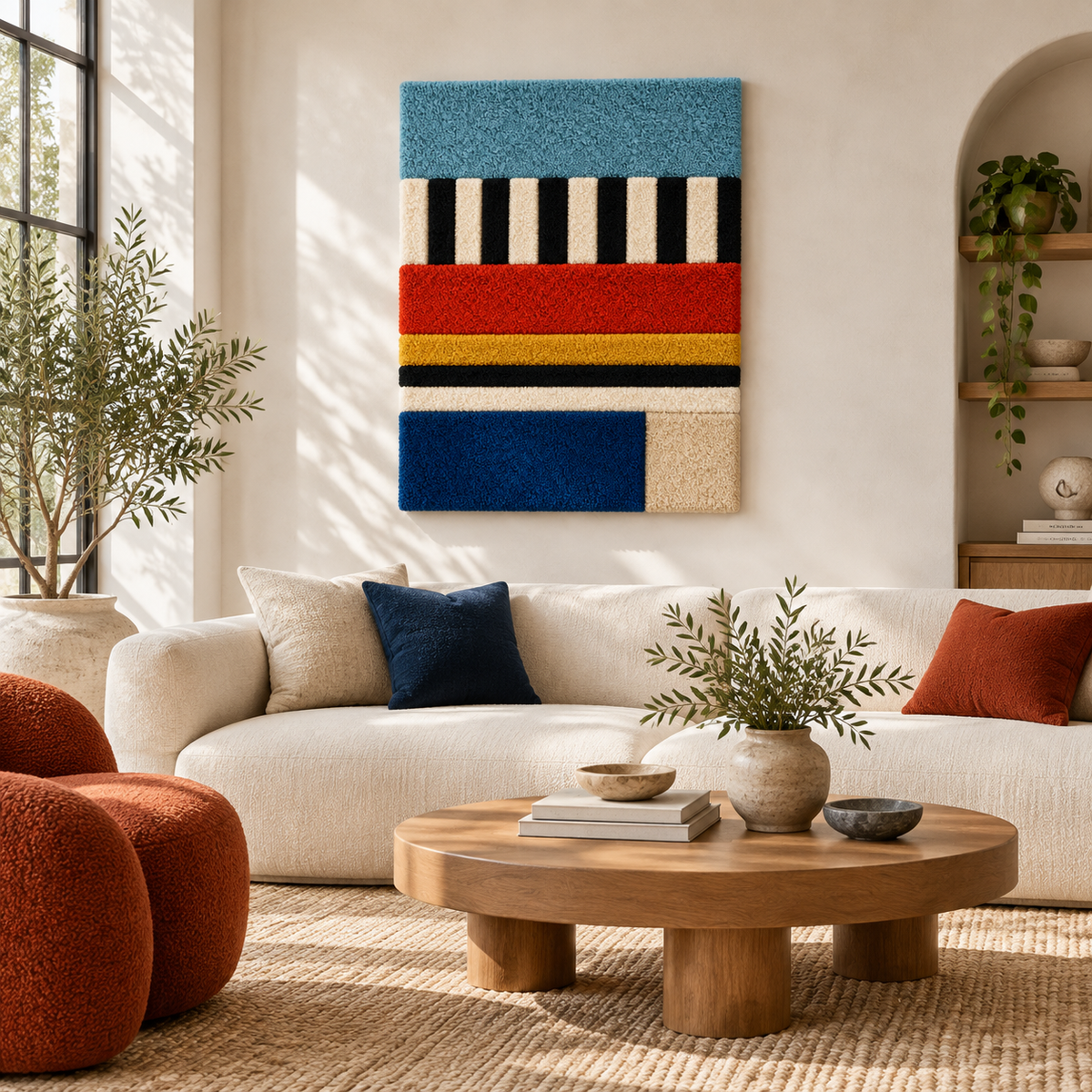 Hewn Earth Sky Stripe and Primary Bands wall art featuring colorful, abstract geometric designs for modern home decor.