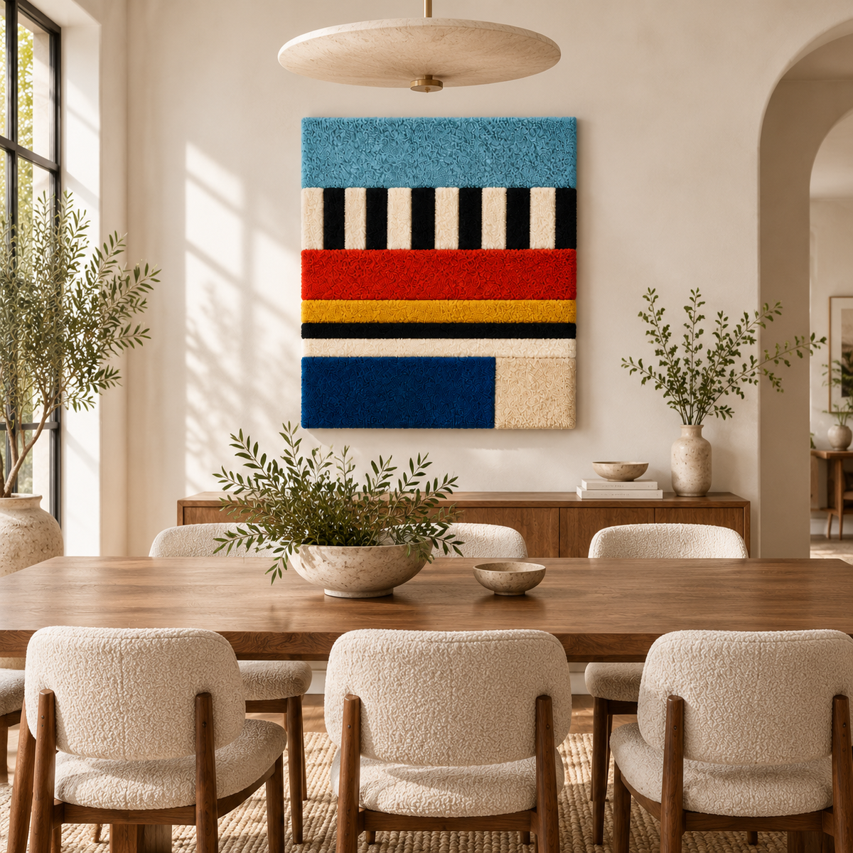 Hewn Earth Sky Stripe and Primary Bands wall art featuring colorful horizontal stripes on a room wall.