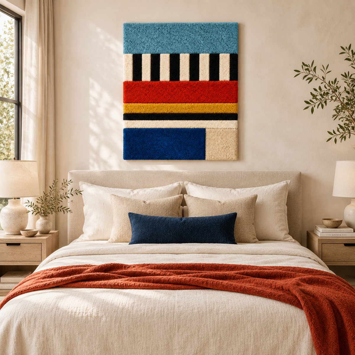 Hewn Earth Sky Stripe and Primary Bands wall art with colorful horizontal stripes displayed in a room setting