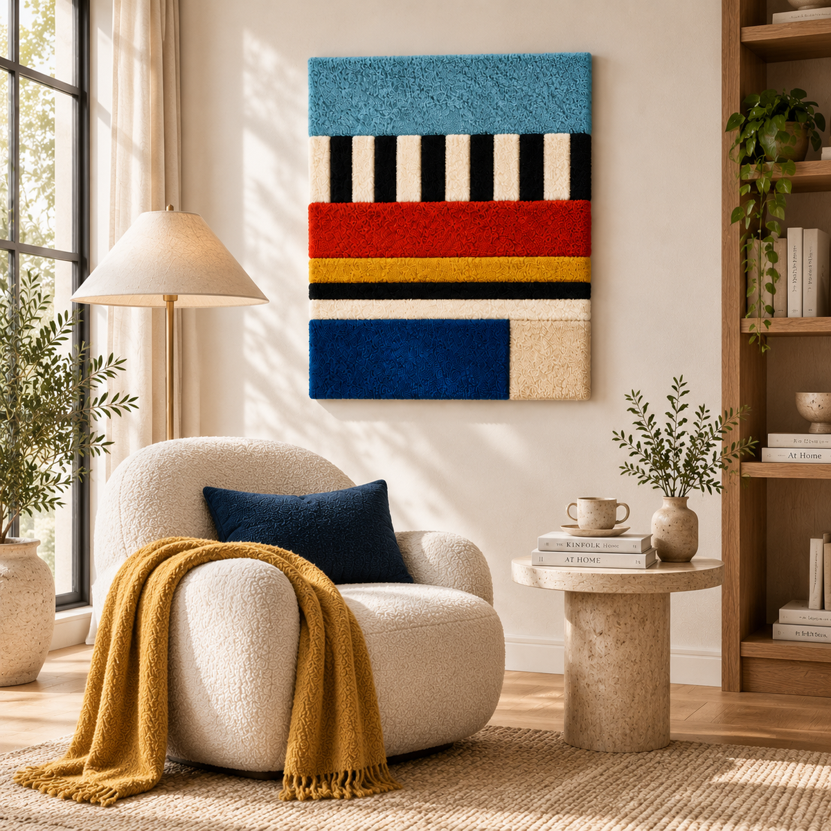 Hewn Earth Sky Stripe and Primary Bands wall art featuring colorful, abstract geometric designs for modern home decor.