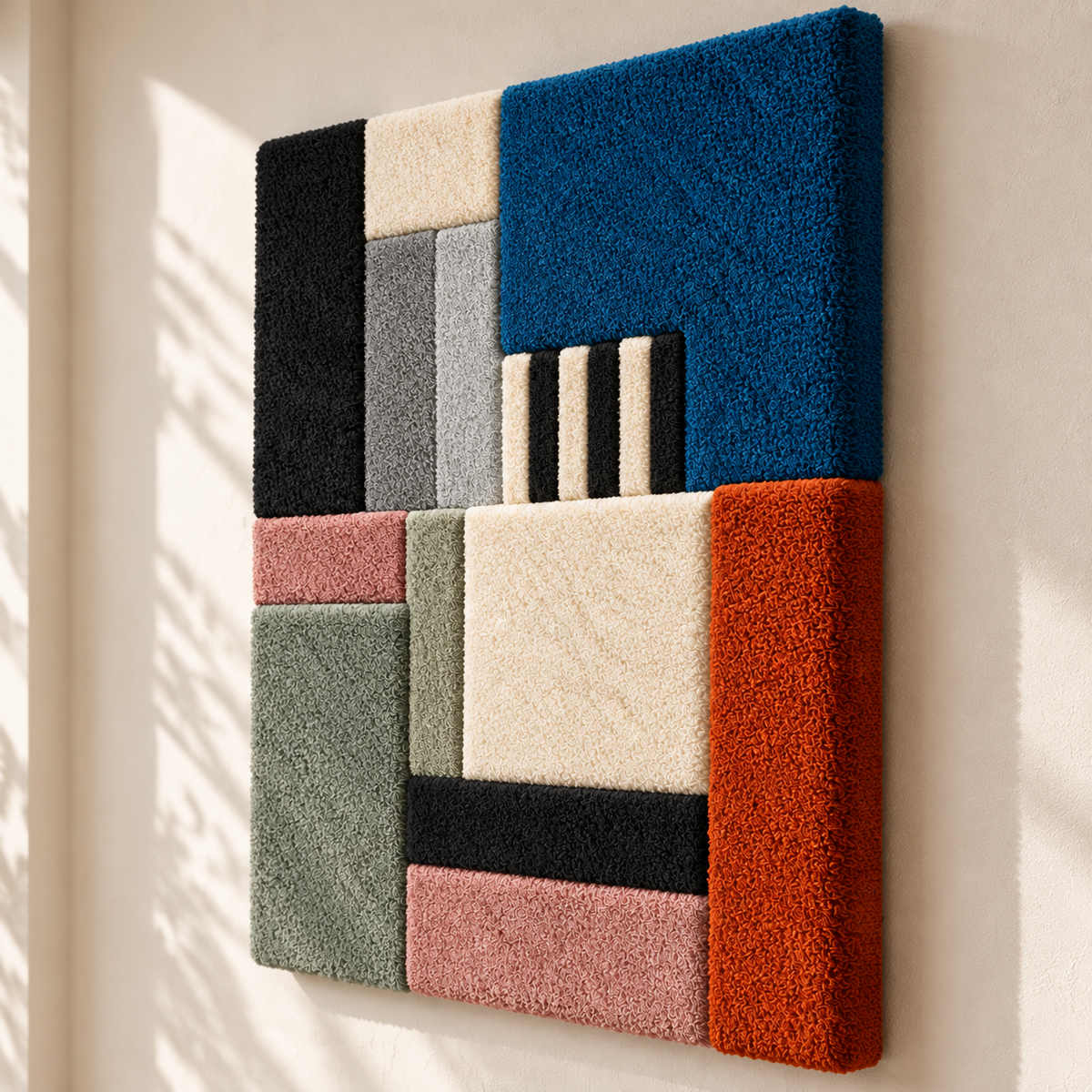 Hewn Earth slate and cobalt wall art arrangement featuring rectangular blocks in a modern, artistic display.