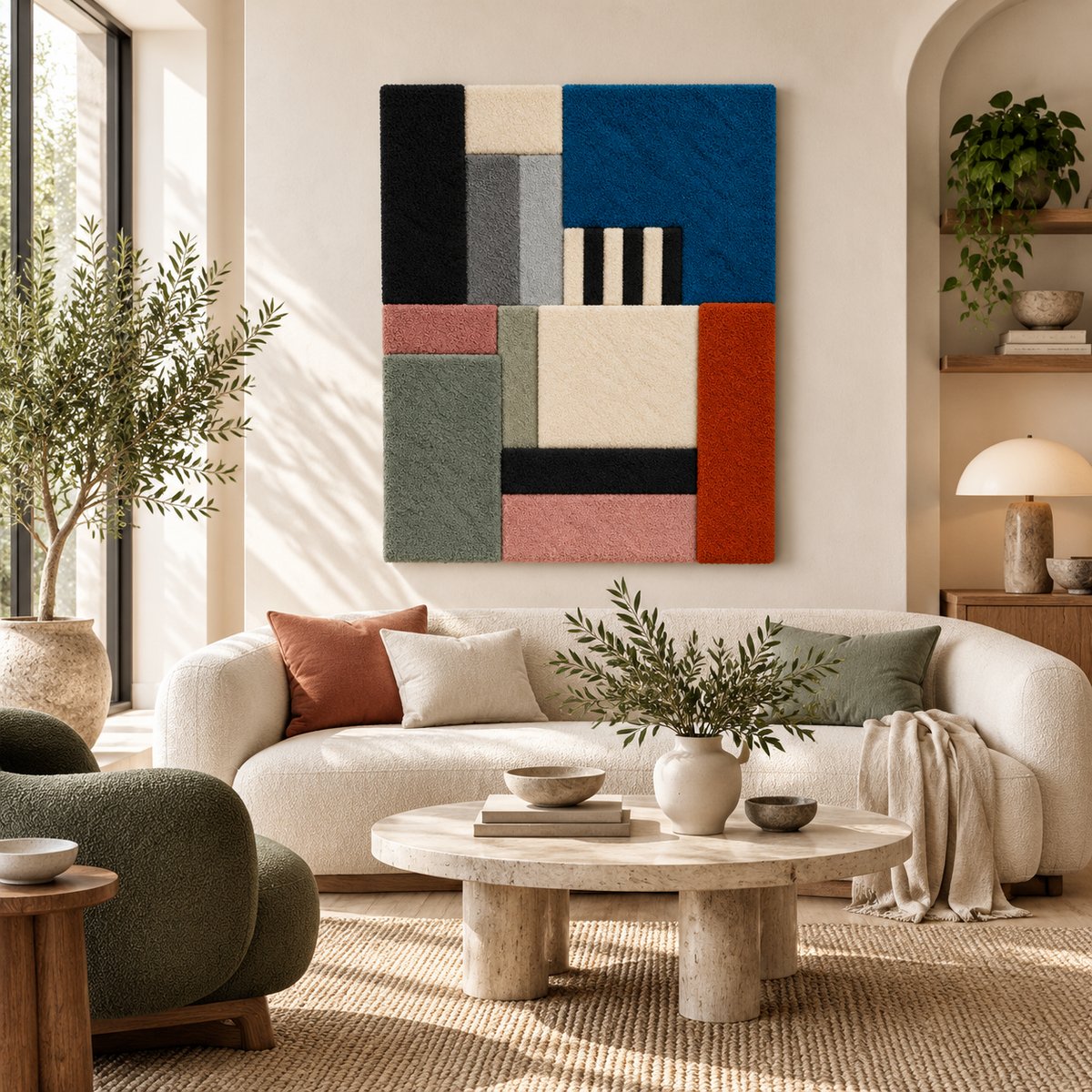 Hewn Earth slate and cobalt block wall art arrangement with geometric shapes, modern decor for interior design.