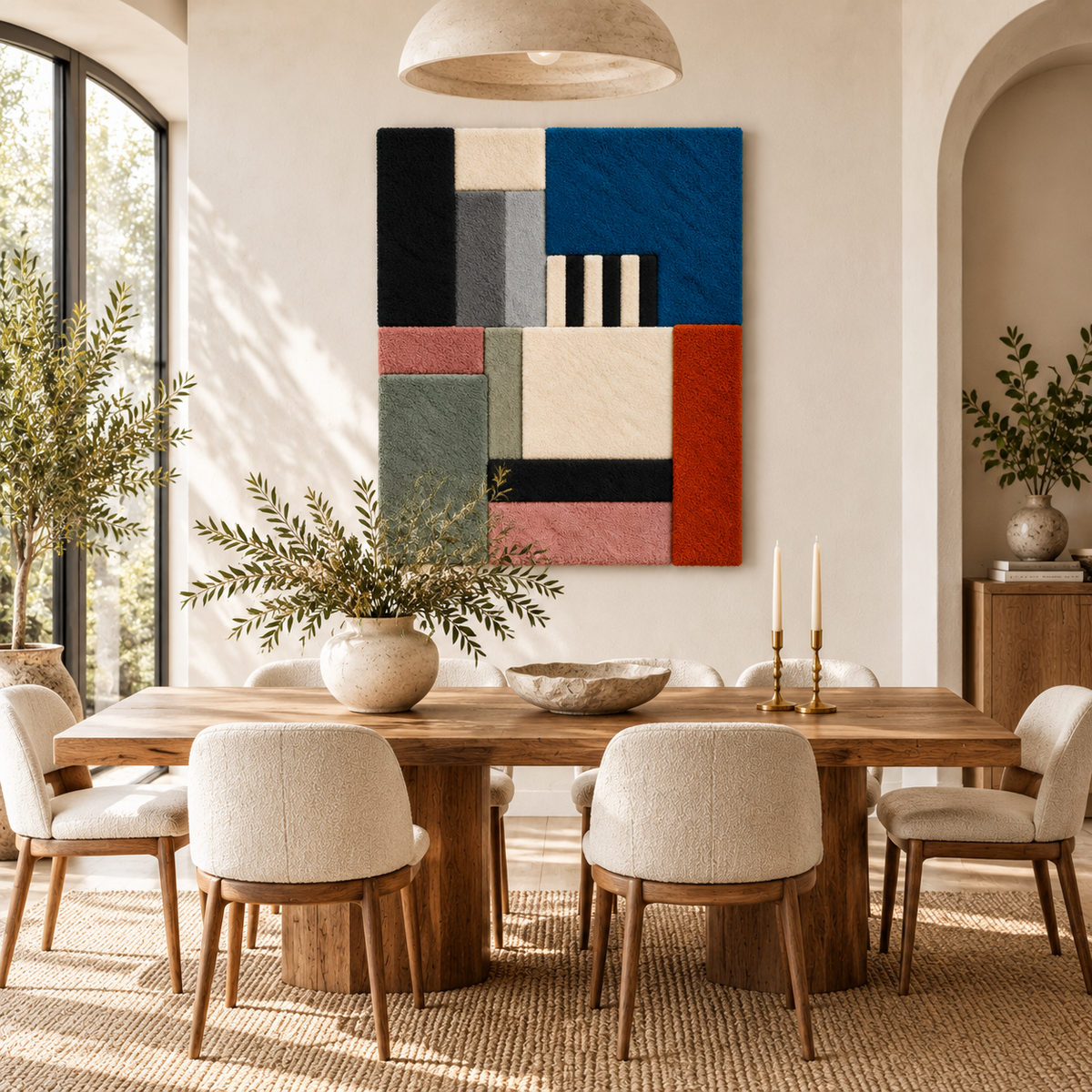 Hewn Earth wall art featuring a slate and cobalt block arrangement displayed on a room wall.