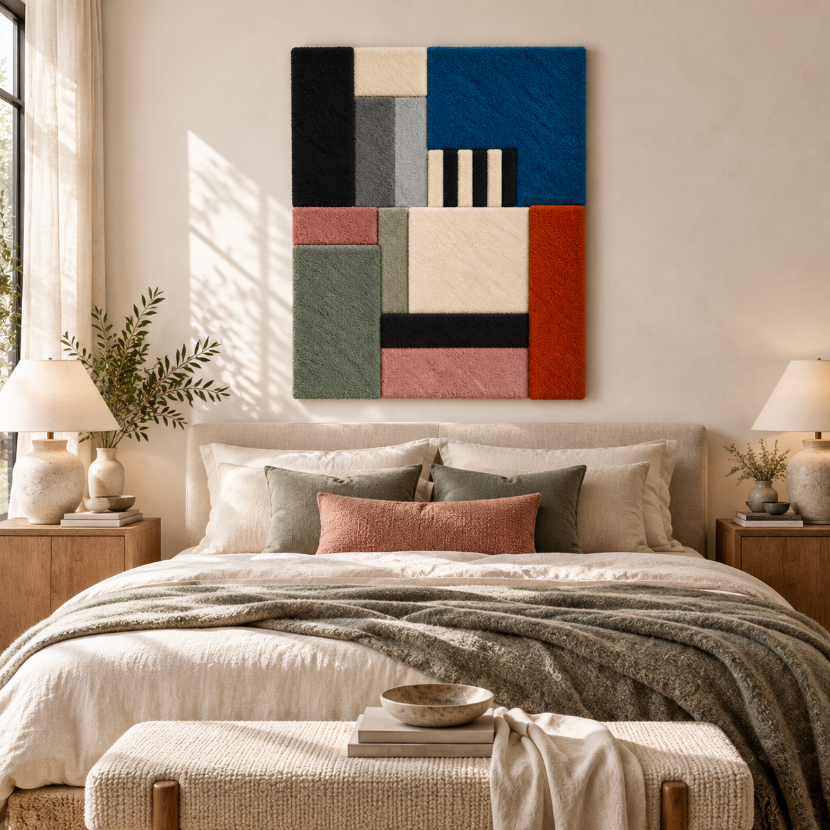 Hewn Earth wall art featuring a slate and cobalt block arrangement with geometric design for modern interior decor.