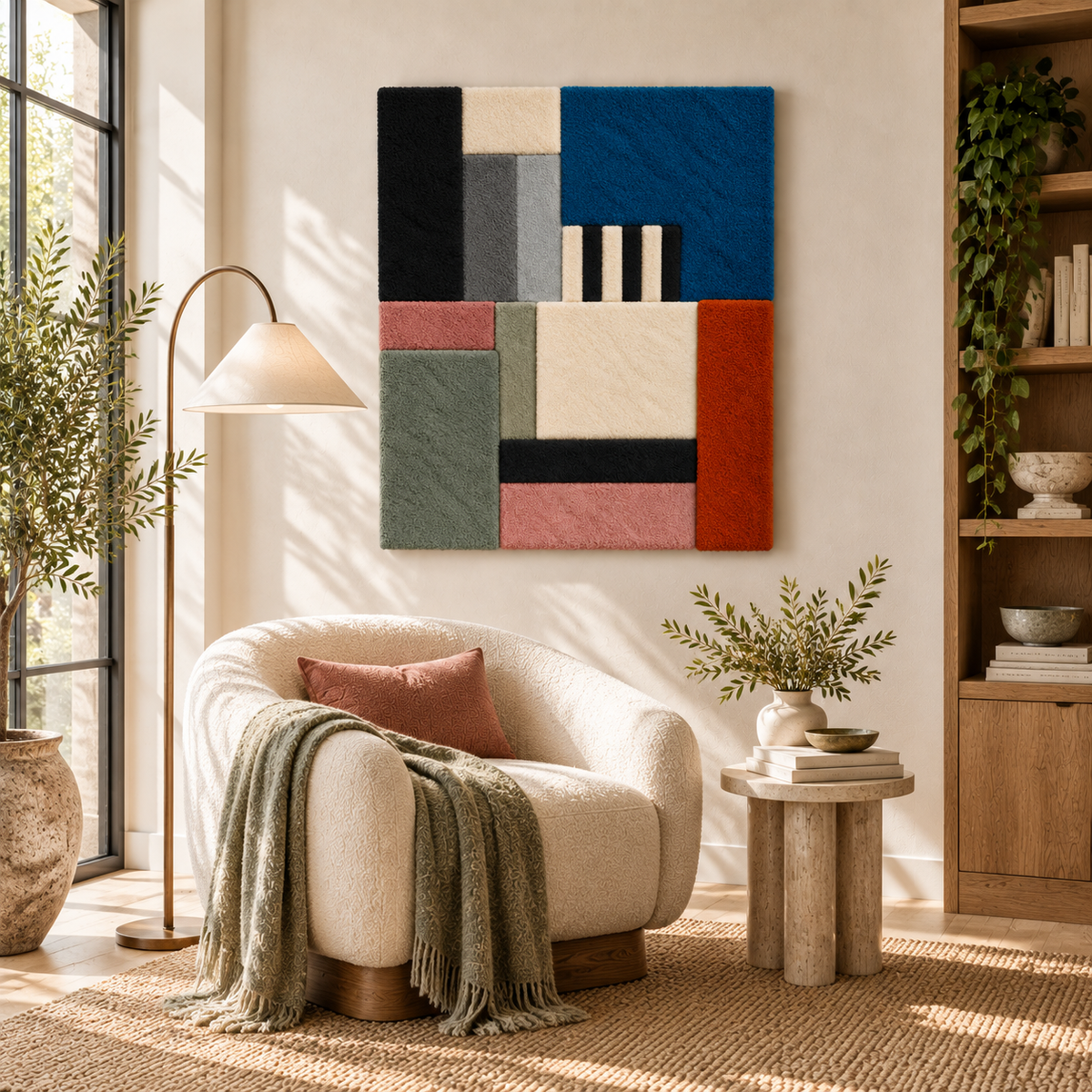 Hewn Earth slate and cobalt wall art arrangement featuring rectangular blocks in a modern design for contemporary interior decor.