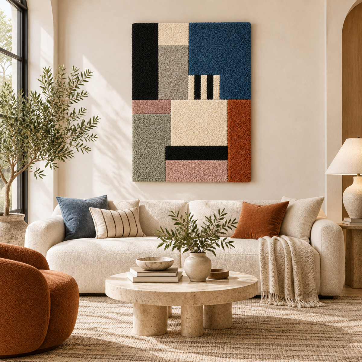 Hewn Earth wall art featuring slate blocks with a striped window design, displayed in a modern room setting.