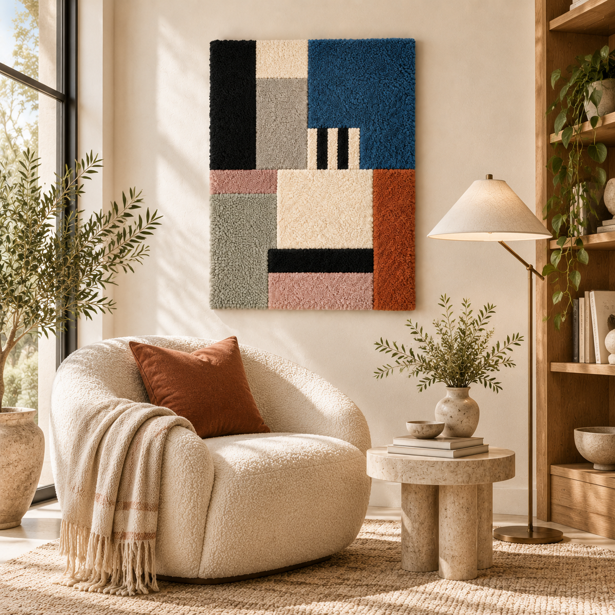 Hewn Earth wall art featuring slate blocks with a striped window design, displayed in a modern room scene.