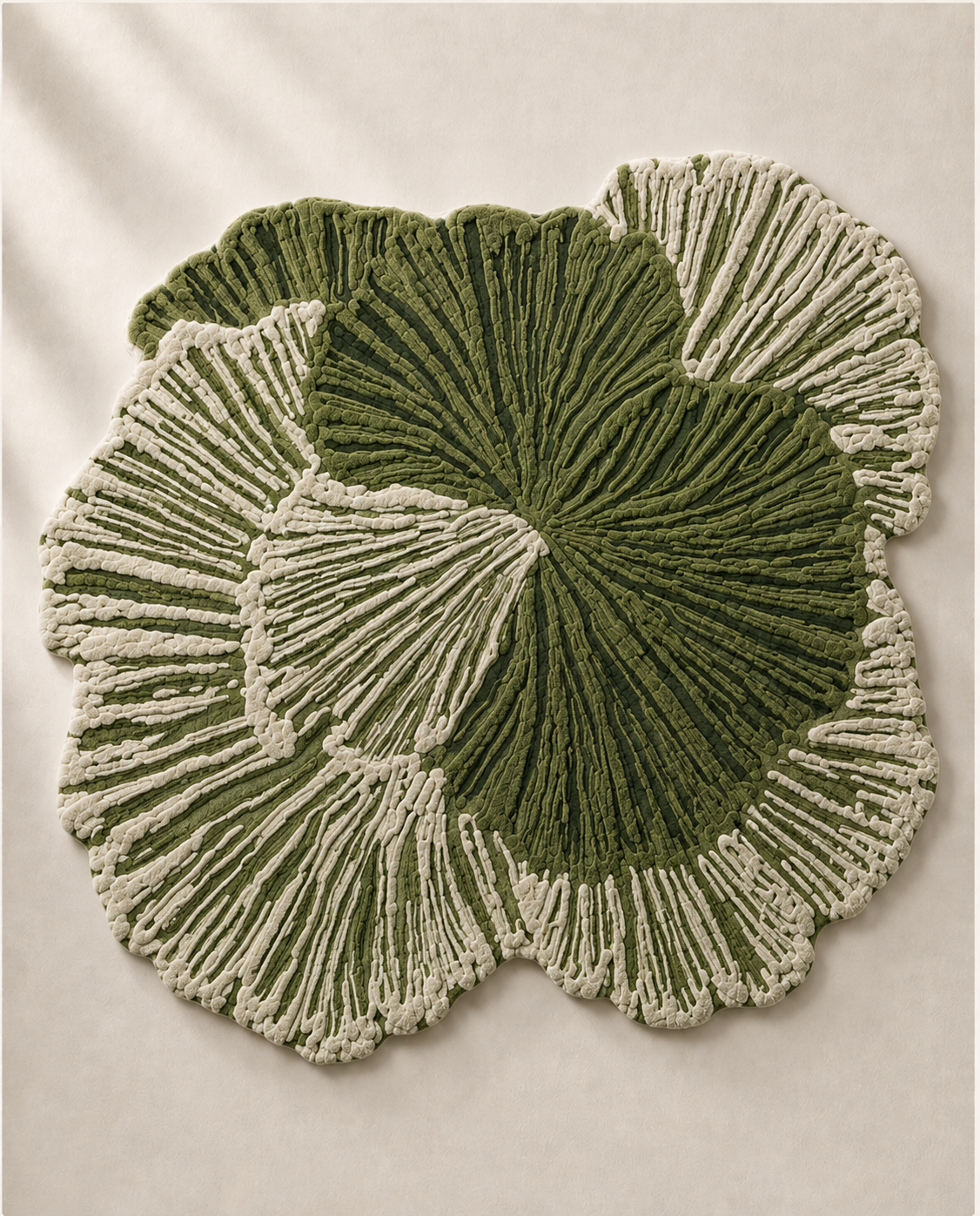 Green Solene rug by Hewn Earth Studio with intricate woven pattern, showcasing soft texture and vibrant color.